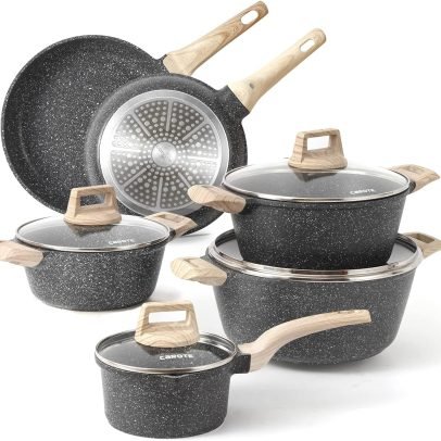 Carrot Granite Nonstick Cookware Set, 10 Piece Pots and Pans Set, Nonstick Stoneware Cookware Set with Pans (Granite, Induction Cookware)