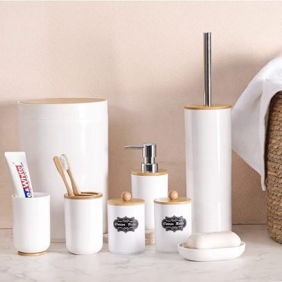 Bathroom Accessories, 8pcs Bamboo Bathroom Accessories Set with Trash Can, Toothbrush Holder, Soap Dispenser, Soap Dish, Plastic Qtip Holder White Complete Bathroom Set