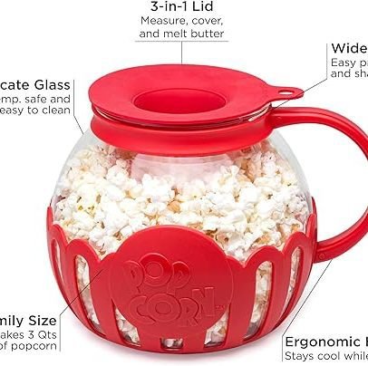 Micro-Pop Microwave Popcorn Popper with Temperature Safe Glass, 3-in-1 Lid Measures Kernels and Melts Butter, Made Without BPA, Dishwasher Safe, 3-Quart, Red