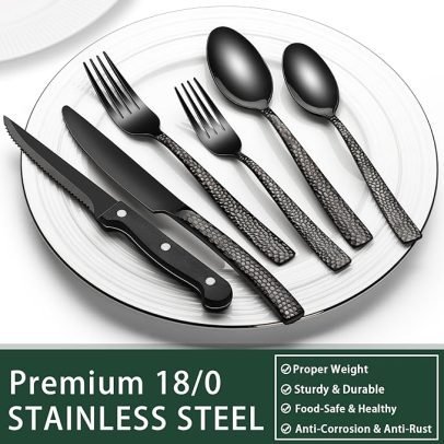 24-Piece Black Silverware Set with Steak Knives, Black Flatware Set for 4, Food-Grade Stainless Steel Tableware Cutlery Set, Mirror Finished Utensil Sets for Home Restaurant