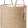 Woven Storage Basket Decorative Rope Basket Wooden Bead Decoration for Blankets,Toys,Clothes,Shoes,Plant Organizer Bin with Handles Living Room Home Decor, Jute, 16" W × 13.8"L