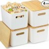 4 Packs Storage Bins with Bamboo Lids - Plastic Storage Containers with Lids Stackable Storage Box, White