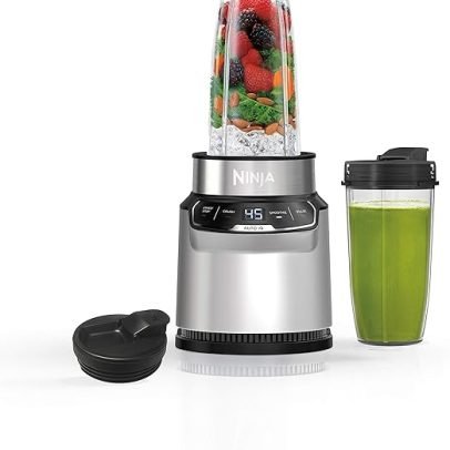 Compact Personal Blender, Auto-iQ Technology, 1100-Peak-Watts, for Frozen Drinks, Smoothies, Sauces & More, with (2) 24-oz. To-Go Cups & Spout Lids, Cloud Silver