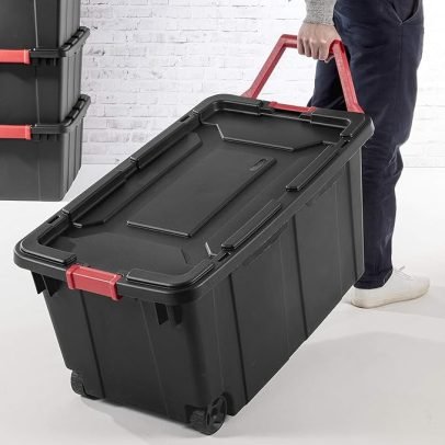 Sterilite 40 Gal Wheeled Industrial Tote, Stackable Storage Bin with Latch Lid