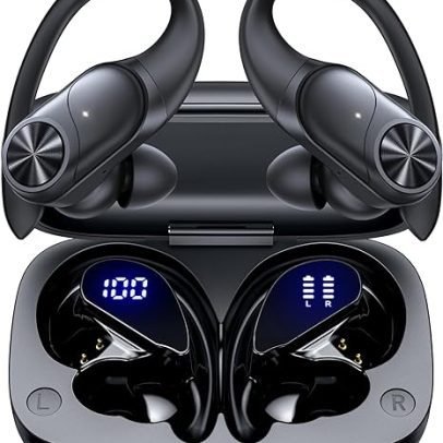 Bluetooth Headphones Wireless Earbuds 80hrs Playtime Wireless Charging Case Digital Display Sports Ear buds with Earhook Premium Deep Bass IPX7 Waterproof Over-Ear Earphones for TV Phone Laptop Black