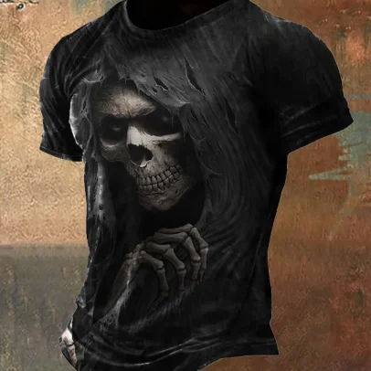 Men's Retro Dark Skull Print T-Shirt