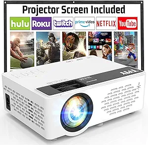 TMY Mini Projector, Upgraded Bluetooth Projector with Screen, 1080P Full HD Portable Projector, Movie Projector Compatible with TV Stick Smartphone HDMIUSB, Indoor and Outdoor Use