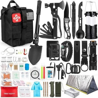 Survival Kit, 250 Piece Survival Gear First Aid Kit with Molle System Compatible Bag and Emergency Tent, Emergency Kit for Earthquake, Outdoor Adventure, Hiking, Hunting, Gifts for Men and Women
