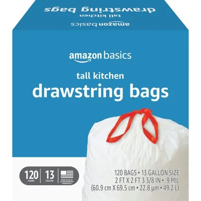 Amazon Basics Tall Kitchen Drawstring Trash Bags, 13 Gallon, 120 Count (Previously Solimo)