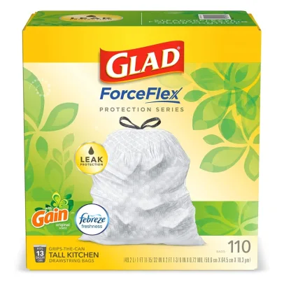 GLAD ForceFlex Tall Kitchen Drawstring Trash Bags, 13 Gallon White Trash Bag for Kitchen Trash Can, Gain Original Scent, Odor Shield, Odor Eliminator, Leak Protection, 110 Count