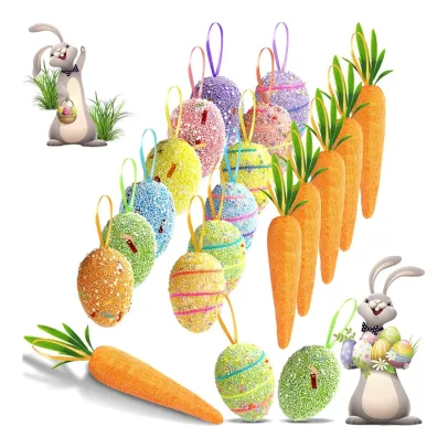 Easter Egg Ornaments and Carrot Hanging Ornaments 12 Pieces Colorful Foam Easter Hanging Egg Ornaments 6 Pieces Premium Foam Glitter Artificial Carrots Easter Tree Decorations Home Party DIY Crafts
