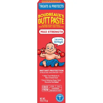 Boudreaux's Butt Paste Maximum Strength Diaper Rash Cream, Ointment for Baby, 4 oz Tube