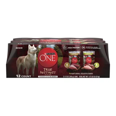 Purina ONE True Instinct Tender Cuts in Gravy With Real Turkey and Venison, and With Real Chicken and Duck High Protein Wet Dog Food Variety Pack(12) 13 oz. Cans