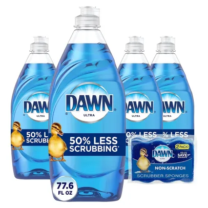 Dawn Ultra Dishwashing Liquid Dish Soap (4x19.4 Fl oz) + Non-Scratch Sponge (2 Count), Original Scent