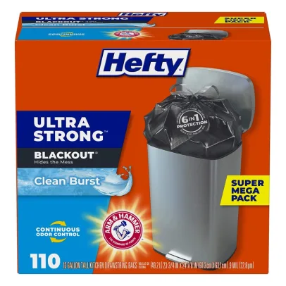Hefty Ultra Strong Tall Kitchen Trash Bags, Blackout, Clean Burst, 13 Gallon, 110 Count