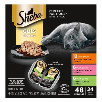 SHEBA PERFECT PORTIONS Cuts in Gravy Wet Cat Food Trays (24 Count, 48 Servings), Roasted Chicken, Gourmet Salmon and Tender Turkey Entrée, Easy Peel Twin-Pack Trays