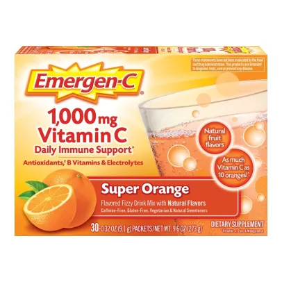 Emergen-C 1000mg Vitamin C Powder for Daily Immune Support Caffeine Free Vitamin C Supplements with Zinc and Manganese, B Vitamins and Electrolytes, Super Orange Flavor30 Count