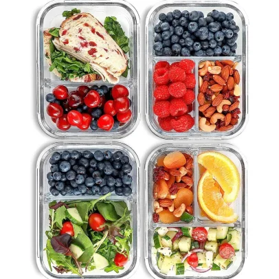 2 & 3 Compartment Glass Meal Prep Containers (4 Pack, 32 oz)Glass Food Storage Containers with Lids, Glass Lunch Box, Glass Bento Box Lunch Containers, Portion Control, Airtight