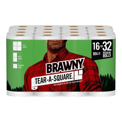 Brawny Tear-A-Square Paper Towels, 16 Double Rolls = 32 Regular Rolls, 3 Sheet Size Options, Quarter Size Sheets